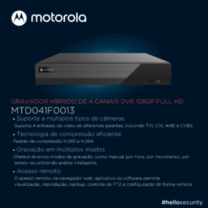 DVR MOTOROLA FULL HD ANALITICOS 1080P 4 CANAIS +2 IP5X1 MTD041F0013